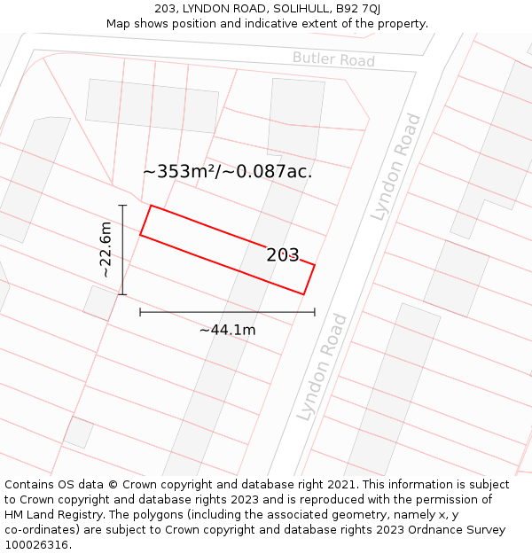 203, LYNDON ROAD, SOLIHULL, B92 7QJ: Plot and title map