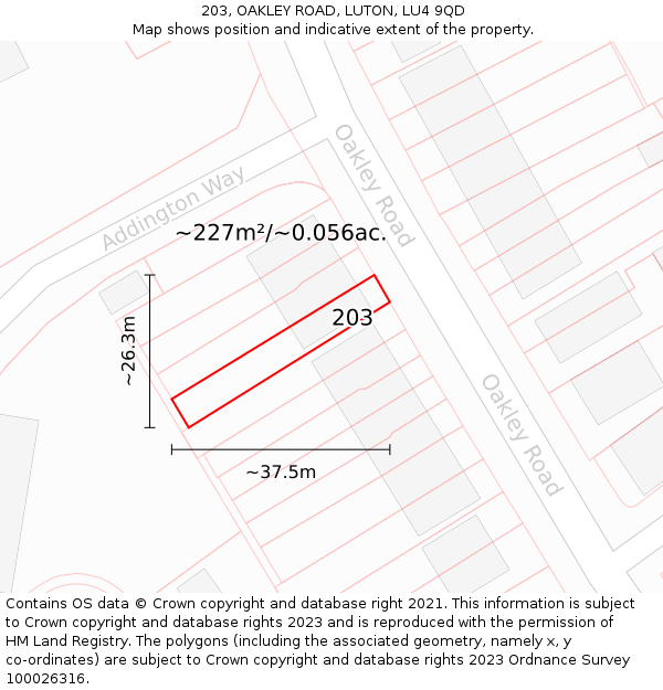 203, OAKLEY ROAD, LUTON, LU4 9QD: Plot and title map