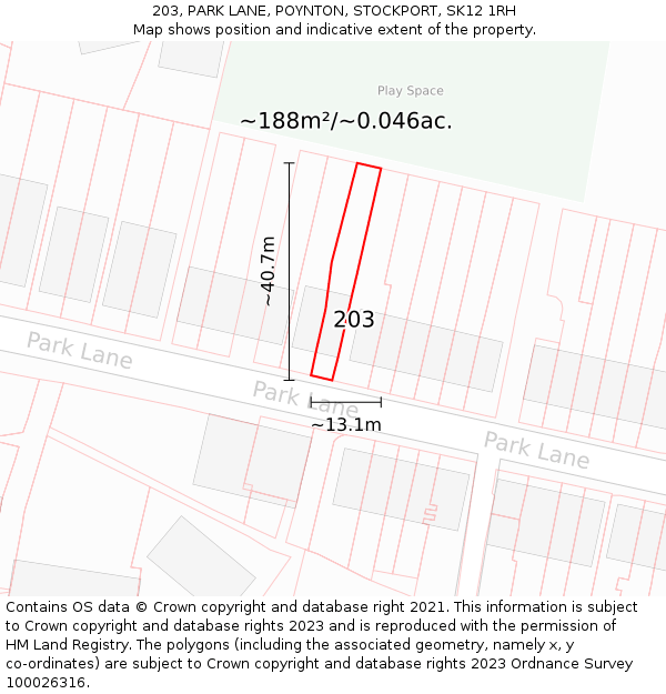 203, PARK LANE, POYNTON, STOCKPORT, SK12 1RH: Plot and title map