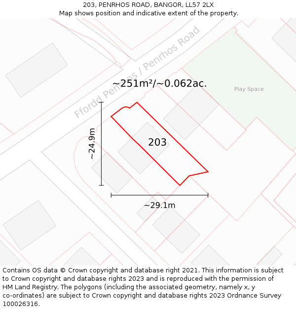 203, PENRHOS ROAD, BANGOR, LL57 2LX: Plot and title map