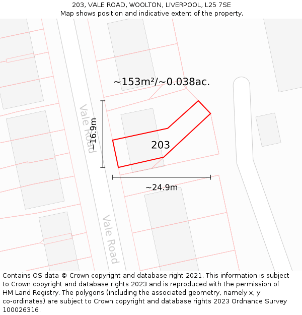 203, VALE ROAD, WOOLTON, LIVERPOOL, L25 7SE: Plot and title map