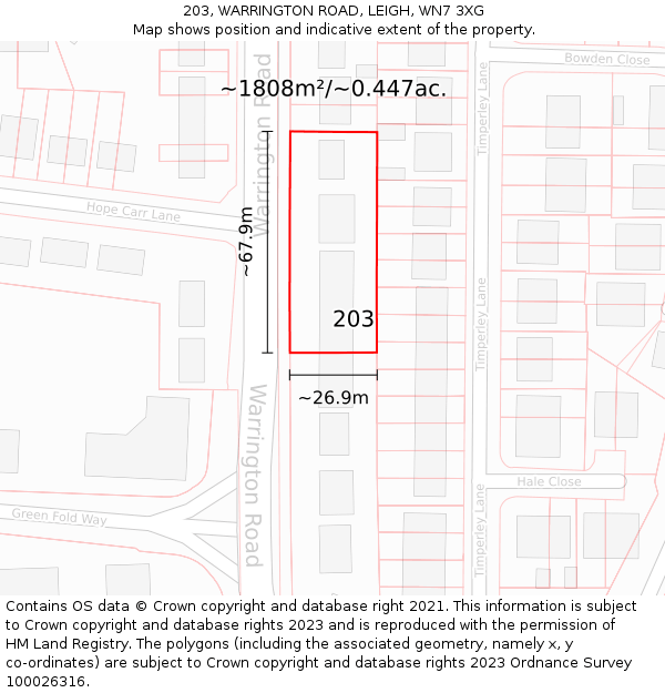 203, WARRINGTON ROAD, LEIGH, WN7 3XG: Plot and title map