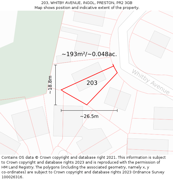 203, WHITBY AVENUE, INGOL, PRESTON, PR2 3GB: Plot and title map