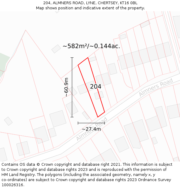 204, ALMNERS ROAD, LYNE, CHERTSEY, KT16 0BL: Plot and title map