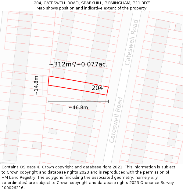 204, CATESWELL ROAD, SPARKHILL, BIRMINGHAM, B11 3DZ: Plot and title map