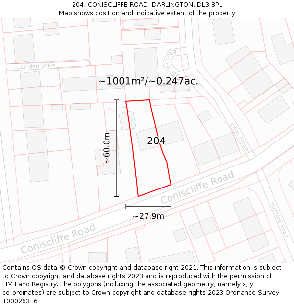 204, CONISCLIFFE ROAD, DARLINGTON, DL3 8PL: Plot and title map