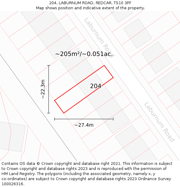 204, LABURNUM ROAD, REDCAR, TS10 3PF: Plot and title map