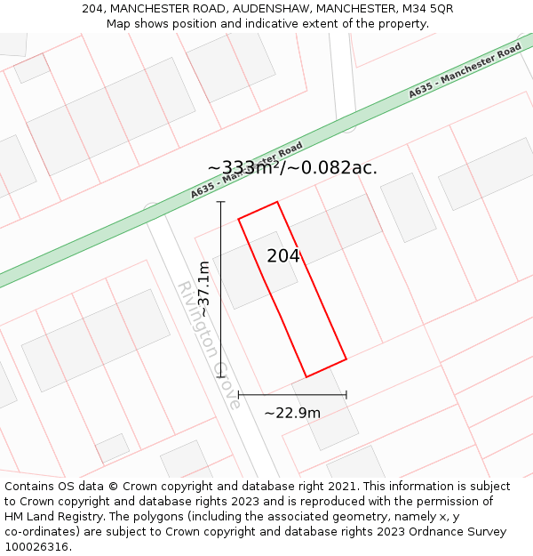 204, MANCHESTER ROAD, AUDENSHAW, MANCHESTER, M34 5QR: Plot and title map