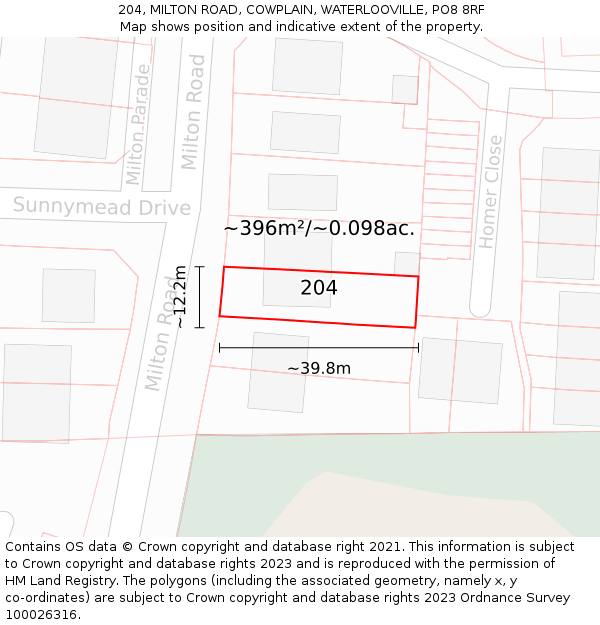 204, MILTON ROAD, COWPLAIN, WATERLOOVILLE, PO8 8RF: Plot and title map