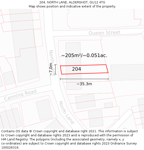 204, NORTH LANE, ALDERSHOT, GU12 4TG: Plot and title map