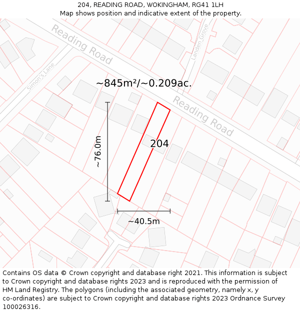 204, READING ROAD, WOKINGHAM, RG41 1LH: Plot and title map