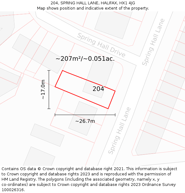 204, SPRING HALL LANE, HALIFAX, HX1 4JG: Plot and title map