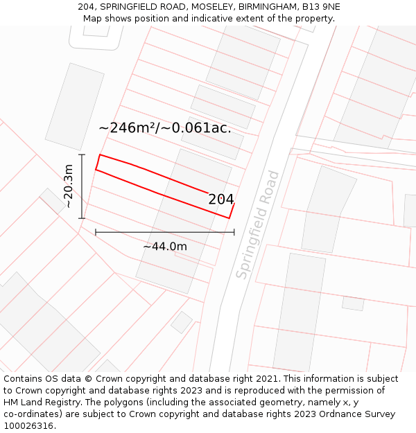 204, SPRINGFIELD ROAD, MOSELEY, BIRMINGHAM, B13 9NE: Plot and title map