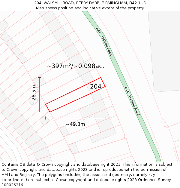 204, WALSALL ROAD, PERRY BARR, BIRMINGHAM, B42 1UD: Plot and title map