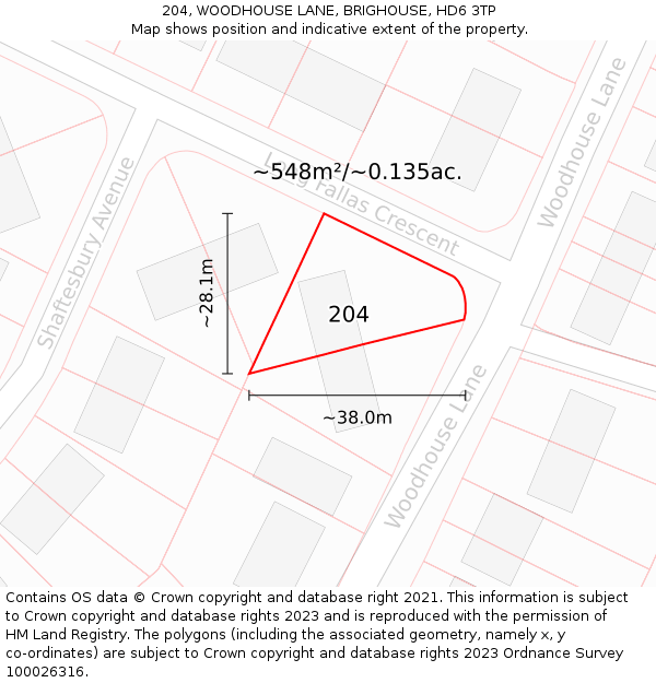 204, WOODHOUSE LANE, BRIGHOUSE, HD6 3TP: Plot and title map