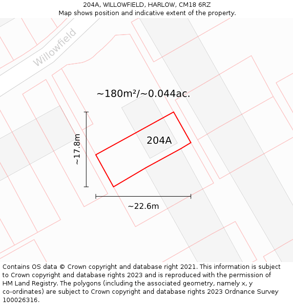 204A, WILLOWFIELD, HARLOW, CM18 6RZ: Plot and title map