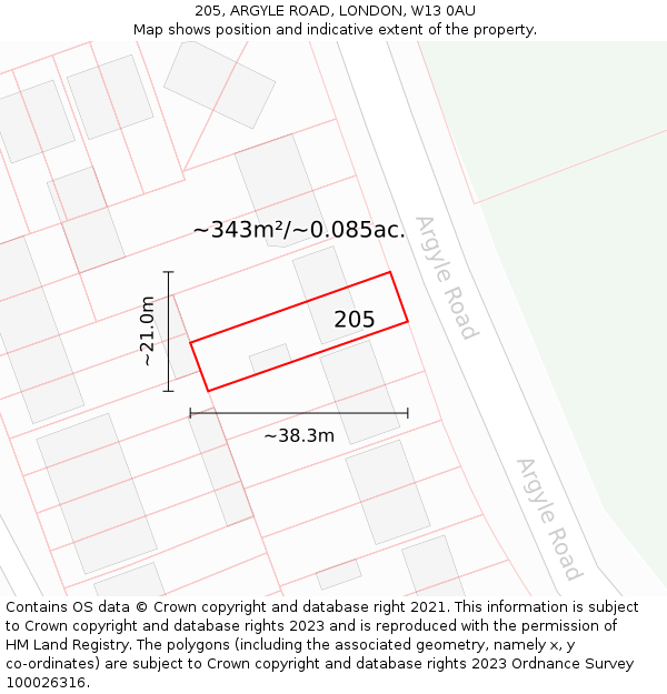 205, ARGYLE ROAD, LONDON, W13 0AU: Plot and title map