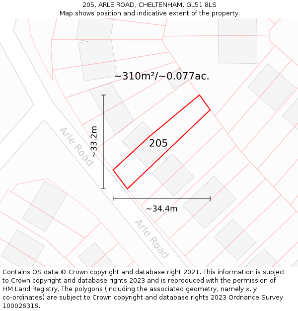 205, ARLE ROAD, CHELTENHAM, GL51 8LS: Plot and title map