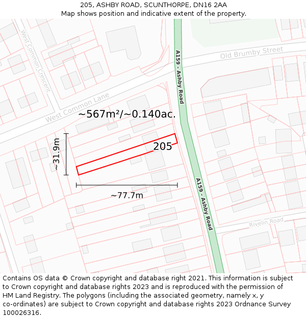 205, ASHBY ROAD, SCUNTHORPE, DN16 2AA: Plot and title map