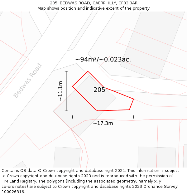 205, BEDWAS ROAD, CAERPHILLY, CF83 3AR: Plot and title map