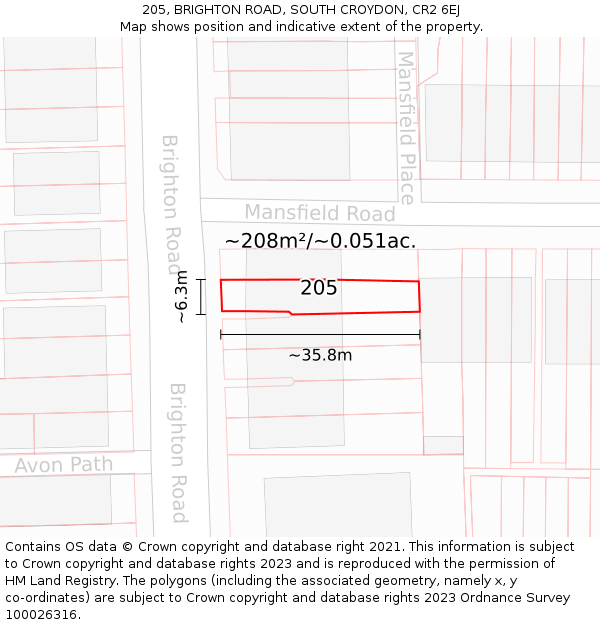 205, BRIGHTON ROAD, SOUTH CROYDON, CR2 6EJ: Plot and title map