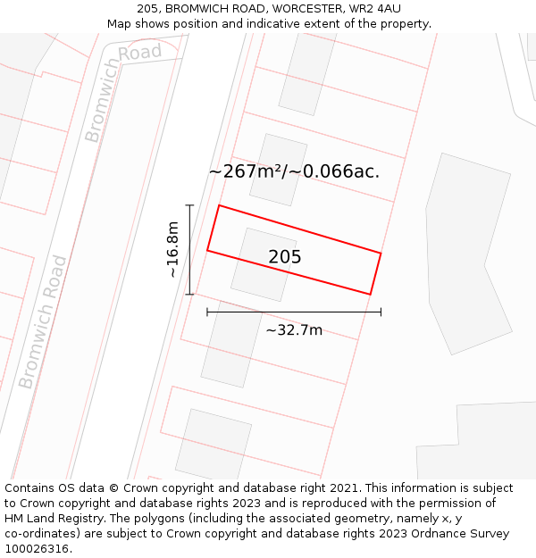 205, BROMWICH ROAD, WORCESTER, WR2 4AU: Plot and title map