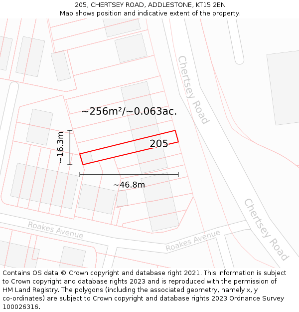 205, CHERTSEY ROAD, ADDLESTONE, KT15 2EN: Plot and title map