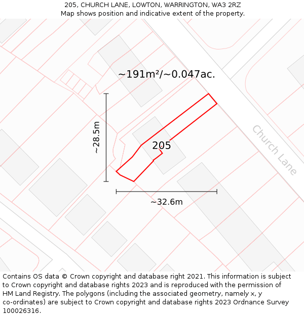 205, CHURCH LANE, LOWTON, WARRINGTON, WA3 2RZ: Plot and title map