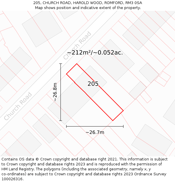 205, CHURCH ROAD, HAROLD WOOD, ROMFORD, RM3 0SA: Plot and title map