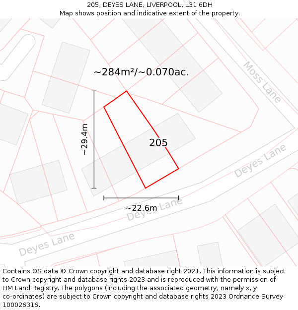 205, DEYES LANE, LIVERPOOL, L31 6DH: Plot and title map