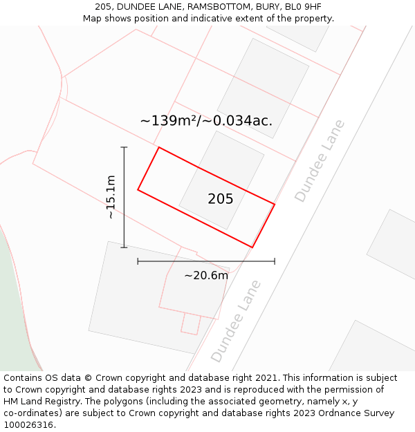 205, DUNDEE LANE, RAMSBOTTOM, BURY, BL0 9HF: Plot and title map