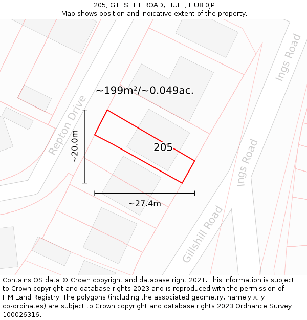 205, GILLSHILL ROAD, HULL, HU8 0JP: Plot and title map