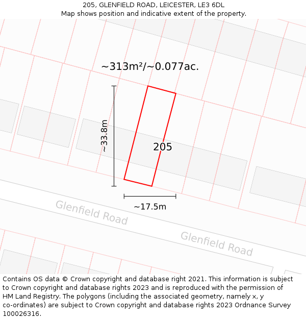 205, GLENFIELD ROAD, LEICESTER, LE3 6DL: Plot and title map