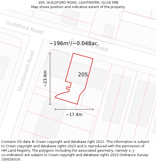 205, GUILDFORD ROAD, LIGHTWATER, GU18 5RB: Plot and title map