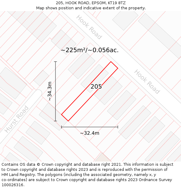 205, HOOK ROAD, EPSOM, KT19 8TZ: Plot and title map