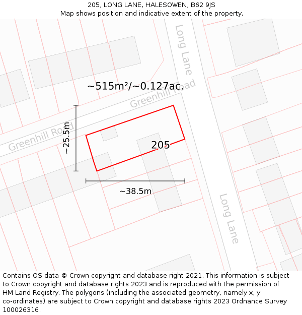 205, LONG LANE, HALESOWEN, B62 9JS: Plot and title map