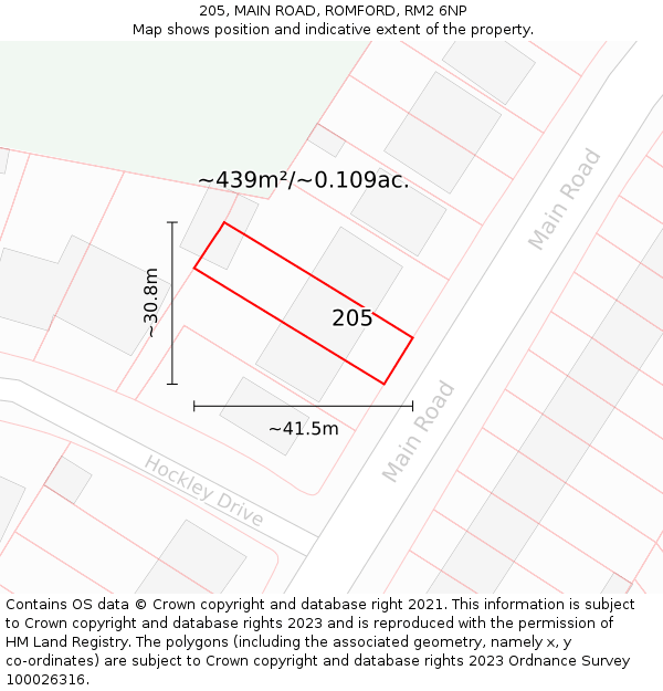 205, MAIN ROAD, ROMFORD, RM2 6NP: Plot and title map