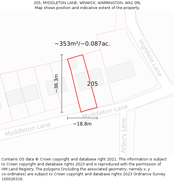 205, MYDDLETON LANE, WINWICK, WARRINGTON, WA2 0RL: Plot and title map