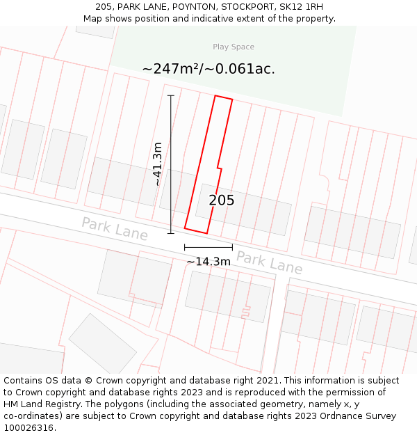 205, PARK LANE, POYNTON, STOCKPORT, SK12 1RH: Plot and title map