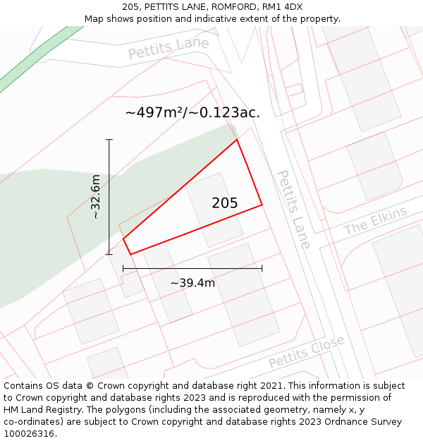 205, PETTITS LANE, ROMFORD, RM1 4DX: Plot and title map