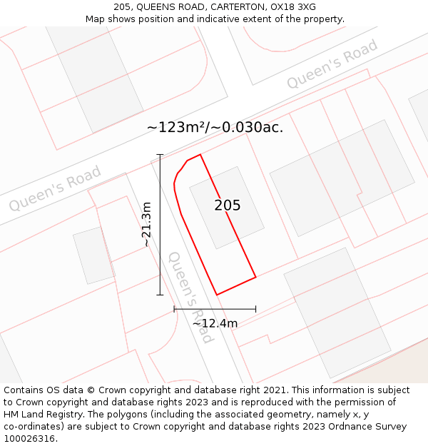 205, QUEENS ROAD, CARTERTON, OX18 3XG: Plot and title map