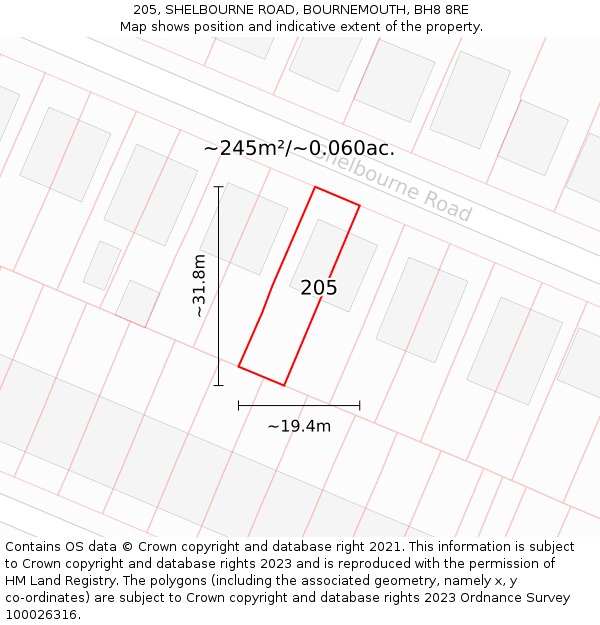 205, SHELBOURNE ROAD, BOURNEMOUTH, BH8 8RE: Plot and title map