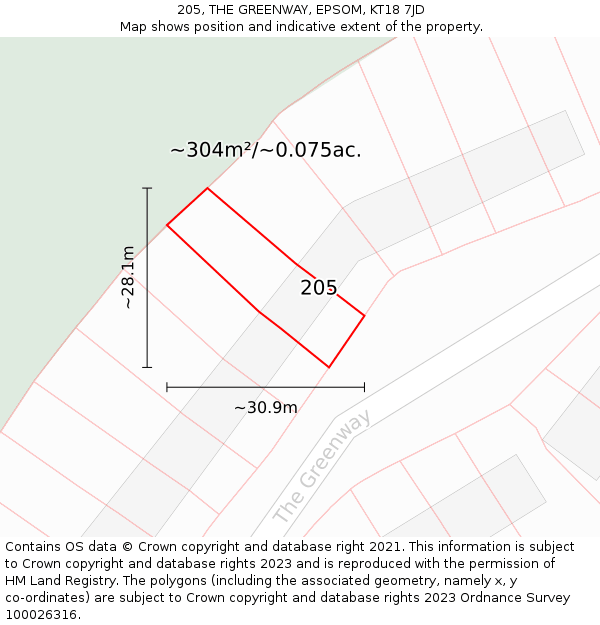 205, THE GREENWAY, EPSOM, KT18 7JD: Plot and title map