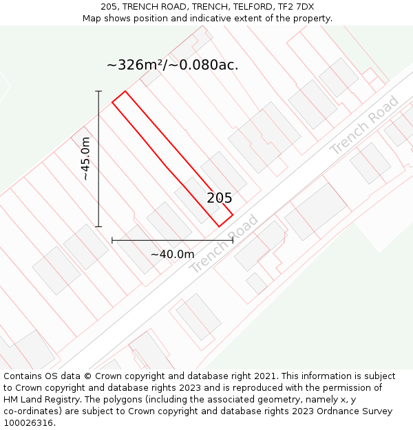 205, TRENCH ROAD, TRENCH, TELFORD, TF2 7DX: Plot and title map