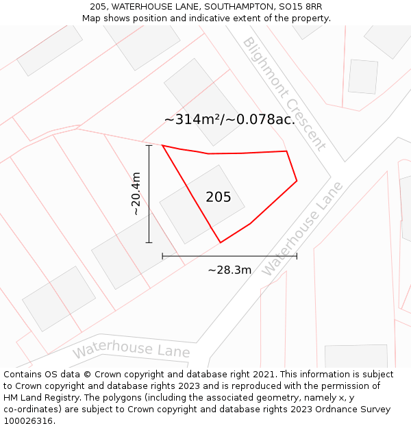 205, WATERHOUSE LANE, SOUTHAMPTON, SO15 8RR: Plot and title map