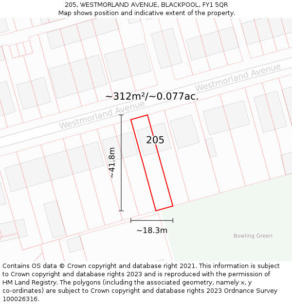 205, WESTMORLAND AVENUE, BLACKPOOL, FY1 5QR: Plot and title map