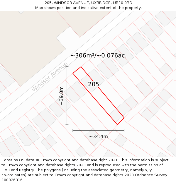 205, WINDSOR AVENUE, UXBRIDGE, UB10 9BD: Plot and title map