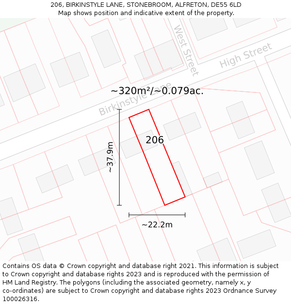 206, BIRKINSTYLE LANE, STONEBROOM, ALFRETON, DE55 6LD: Plot and title map