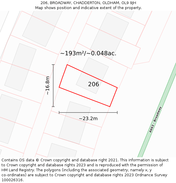 206, BROADWAY, CHADDERTON, OLDHAM, OL9 9JH: Plot and title map