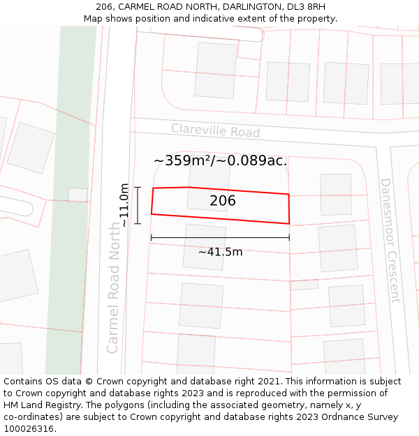 206, CARMEL ROAD NORTH, DARLINGTON, DL3 8RH: Plot and title map